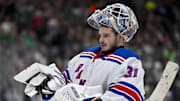 Dec 20, 2024; Dallas, Texas, USA; New York Rangers goaltender Igor Shesterkin (31) skates back to the crease during the second period against the Dallas Stars at the American Airlines Center. Mandatory Credit: Jerome Miron-Imagn Images