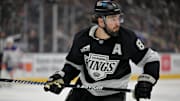 Apr 23, 2025; Los Angeles, California, USA; Los Angeles Kings defenseman Drew Doughty (8) during game 2 of the 2025 Stanley Cup Playoffs against the Edmonton Oilers at Crypto.com Arena. Mandatory Credit: Jayne Kamin-Oncea-Imagn Images