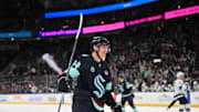 Mar 14, 2025; Seattle, Washington, USA; Seattle Kraken right wing Kaapo Kakko (84) celebrates after scoring a goal against the Utah Hockey Club during the third period at Climate Pledge Arena. Mandatory Credit: Steven Bisig-Imagn Images