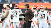 Oct 26, 2025; Foxborough, Massachusetts, USA;  Cleveland Browns head coach Kevin Stefanski looks on during the fourth quarter against the New England Patriots at Gillette Stadium. Mandatory Credit: Brian Fluharty-Imagn Images