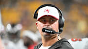 Tampa Bay Buccaneers offensive coordinator Josh Grizzard watches the action against the Pittsburgh Steelers.
