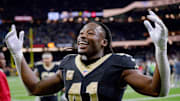 Nov 10, 2024; New Orleans, Louisiana, USA; New Orleans Saints running back Alvin Kamara (41) leaves the field after the Saints defeated the Atlanta Falcons at Caesars Superdome. Mandatory Credit: Matthew Hinton-Imagn Images