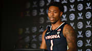 Oct 8, 2025; Charlotte, NC, USA; Virginia player Malik Thomas answers questions from the media at The Hilton Charlotte Uptown. Mandatory Credit: William Howard-Imagn Images