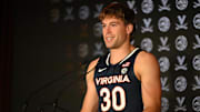 Oct 8, 2025; Charlotte, NC, USA; Virginia player Dallin Hall answers questions from the media at The Hilton Charlotte Uptown. Mandatory Credit: William Howard-Imagn Images