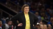 Sep 29, 2023; Arlington, Texas, USA; Dallas Wings head coach Latricia Trammell watches her team take on the Las Vegas Aces during the second half during game three of the 2023 WNBA Playoffs at College Park Center. Mandatory Credit: Jerome Miron-Imagn Images