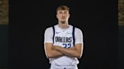 Sep 29, 2025; Dallas, TX, USA; Dallas Mavericks forward Cooper Flagg (32) poses for a photo during the Mavericks 2025 media day at the American Airlines Center. Mandatory Credit: Jerome Miron-Imagn Images
