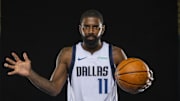 Dallas Mavericks guard Kyrie Irving poses for media day.