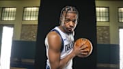 Sep 29, 2025; Dallas, TX, USA; Dallas Mavericks guard Dennis Smith Jr. (8) poses for a photo during the Mavericks 2025 media day at the American Airlines Center. Mandatory Credit: Jerome Miron-Imagn Images
