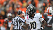 Oct 11, 2025; Corvallis, Oregon, USA; Wake Forest Demon Deacons wide receiver Chris Barnes (10) celebrates after a touchdown catch against the Oregon State Beavers during the second quarter at Reser Stadium. Mandatory Credit: Craig Strobeck-Imagn Images
