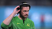 Dec 28, 2022; San Diego, CA, USA; Oregon Ducks head coach Dan Lanning looks on from the sideline during the second half against the North Carolina Tar Heels of the 2022 Holiday Bowl at Petco Park. Mandatory Credit: Orlando Ramirez-Imagn Images