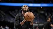 Apr 11, 2025; Dallas, Texas, USA; Toronto Raptors guard Immanuel Quickley (5) warms up before the game against the Dallas Mavericks at the American Airlines Center. 