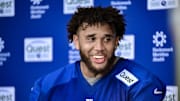 May 10, 2025; East Rutherford, NJ, USA; New York Giants offensive lineman Marcus Mbow (71) speaks during a press conference after rookie minicamp at Quest Diagnostics Training Center.  