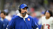Nov 23, 2025; Detroit, Michigan, USA; New York Giants interim head coach Mike Kafka looks on during the third quarter against the Detroit Lions at  Ford Field. 
