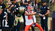 Oct 4, 2025; West Lafayette, Indiana, USA; Illinois Fighting Illini wide receiver Hank Beatty (80) gestures after making a first down against the Purdue Boilermakers during the second half at Ross-Ade Stadium. Mandatory Credit: Marc Lebryk-Imagn Images