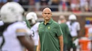 Sep 6, 2025; Dallas, Texas, USA; Baylor Bears head coach Dave Aranda looks on before the game against the SMU Mustangs at Gerald J. Ford Stadium. Mandatory Credit: Jerome Miron-Imagn Images