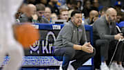 Feb 11, 2025; Dallas, Texas, USA; Pittsburgh Panthers head coach Jeff Capel yells to his team during the first half against the Southern Methodist Mustangs at Moody Coliseum. Mandatory Credit: Jerome Miron-Imagn Images