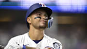 Texas Rangers second baseman Cody Freeman (39) waits in the on deck circle during the game against the Cleveland Guardians at Globe Life Field. 