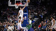 Oct 27, 2025; Dallas, Texas, USA; Oklahoma City Thunder center Chet Holmgren (7) blocks a shot by Dallas Mavericks forward Naji Marshall (13) during the second quarter at the American Airlines Center. Mandatory Credit: Jerome Miron-Imagn Images