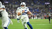 Aug 7, 2025; Baltimore, Maryland, USA; Indianapolis Colts quarterback Riley Leonard (15) scrambles with the ball against the Baltimore Ravens during the third quarter at M&T Bank Stadium. Mandatory Credit: Rafael Suanes-Imagn Images