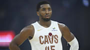 Oct 14, 2025; Cleveland, Ohio, USA; Cleveland Cavaliers guard Donovan Mitchell (45) stands on the court in the first quarter against the Detroit Pistons at Rocket Arena. Mandatory Credit: David Richard-Imagn Images