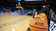 Mar 21, 2025; Los Angeles, California, USA; Basketballs sit in a rack before the start of the NCAA Tournament First Round game between Georgia Tech and Richmond at Pauley Pavilion presented by Wescom. Mandatory Credit: Robert Hanashiro-Imagn Images