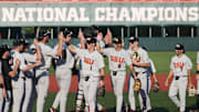 Jun 1, 2025; Corvallis, OR, USA; Oregon St. outfielder Gavin Turley (1) leads the outfield players in high fives after beating Saint Mary's at the NCAA Corvallis Regional at Goss Stadium. Mandatory Credit: Troy Wayrynen-Imagn Images