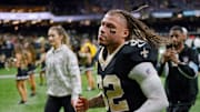 Nov 10, 2024; New Orleans, Louisiana, USA; New Orleans Saints safety Tyrann Mathieu (32) leaves the field after the Saints defeated the Atlanta Falcons at Caesars Superdome. Mandatory Credit: Matthew Hinton-Imagn Images