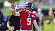 Minnesota Vikings quarterback J.J. McCarthy (9) looks on during practice at Vikings training camp in Eagan, MN.
