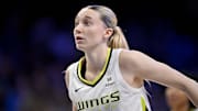 Dallas Wings guard Paige Bueckers (5) looks on during the second half against the Seattle Storm at College Park Center.
