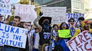 Feb 8, 2025; Dallas, Texas, USA; Dallas Mavericks fans gather outside the arena before the game between the Dallas and the Houston Rockets to protest the Nico Harrison trade of former Mavericks point guard Luka Doncic to the Los Angeles Lakers. Mandatory Credit: Jerome Miron-Imagn Images