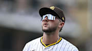 Apr 2, 2025; San Diego, California, USA; San Diego Padres center fielder Jackson Merrill (3) leaves the field during the third inning against the Cleveland Guardians at Petco Park. 