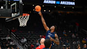 Former Arizona Wildcats center Emmanuel Stephen (34) shoots the ball during practice at Climate Pledge Arena. 
