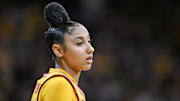 Feb 2, 2025; Iowa City, Iowa, USA; USC Trojans guard JuJu Watkins (12) looks on during the game against the Iowa Hawkeyes at Carver-Hawkeye Arena. Mandatory Credit: Jeffrey Becker-Imagn Images