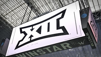 Dec 6, 2025; Arlington, TX, USA; A view of the Big 12 logo and scoreboard before the game between the Texas Tech Red Raiders and the BYU Cougars at AT&T Stadium. 