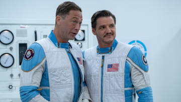 (L-R): Ebon Moss-Bachrach as Ben Grimm/The Thing and Pedro Pascal as Reed Richards/Mister Fantastic in 20th Century Studios/Marvel Studios' THE FANTASTIC FOUR: FIRST STEPS. Photo by Jay Maidment. © 2025 20th Century Studios / © and ™ 2025 MARVEL.