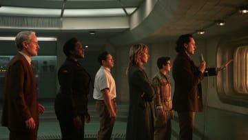 (L-R): Owen Wilson as Mobius, Wunmi Mosaku as Hunter B-15, Eugene Cordero as Casey, Sophia Di Martino as Sylvie, Ke Huy Quan as O.B., and Tom Hiddleston as Loki in Marvel Studios' LOKI, Season 2, exclusively on Disney+. Photo by Gareth Gatrell. © 2023 MARVEL.