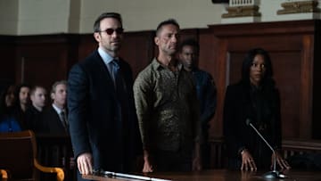 (L-R): Wilson Fisk/Kingpin (Vincent D'Onofrio) and Kirsten McDuffie, ADA (Niki M. James) in Marvel Television's DAREDEVIL: BORN AGAIN, exclusively on Disney+. Photo by Giovanni Rufino. © 2025 MARVEL.