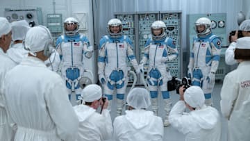 (L-R) Ebon Moss-Bachrach as Ben Grimm/The Thing, Pedro Pascal as Reed Richards/Mister Fantastic, Vanessa Kirby as Sue Storm/Invisible Woman and Joseph Quinn as Johnny Storm/Human Torch in 20th Century Studios/Marvel Studios' THE FANTASTIC FOUR: FIRST STEPS. Photo by Jay Maidment. © 2025 20th Century Studios / © and ™ 2025 MARVEL.