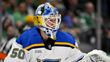 St. Louis Blues goaltender Jordan Binnington (50) faces the Dallas Stars