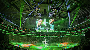 May 17, 2025; Dallas, Texas, USA; A view of the arena and lasers and rink before the game between the Dallas Stars and the Winnipeg Jets in game six of the second round of the 2025 Stanley Cup Playoffs at American Airlines Center. Mandatory Credit: Jerome Miron-Imagn Images