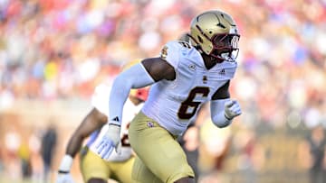 Nov 16, 2024; Dallas, Texas, USA; Boston College Eagles defensive end Donovan Ezeiruaku (6) in action during the game between the SMU Mustangs and the Boston College Eagles at Gerald J. Ford Stadium. Mandatory Credit: Jerome Miron-Imagn Images
