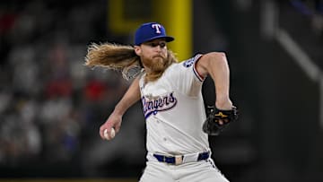 Aug 4, 2025; Arlington, Texas, USA; Texas Rangers relief pitcher Jon Gray (22) in action during the game between the Texas Rangers and the New York Yankees at Globe Life Field. Mandatory Credit: Jerome Miron-Imagn Images
