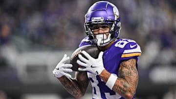 Dec 29, 2024; Minneapolis, Minnesota, USA; Minnesota Vikings wide receiver Jalen Nailor (83) catches a touchdown pass against the Green Bay Packers during the second quarter at U.S. Bank Stadium. Mandatory Credit: Jeffrey Becker-Imagn Images