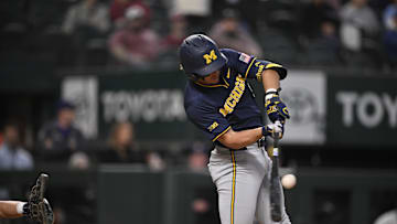 Feb 23, 2025; Arlington, TX, USA; The Michigan Wolverines play the Arkansas Razorbacks during the Amegy Bank College Baseball Series presented by Kubota Weekend 2 at Globe Life Field. Mandatory Credit: Jerome Miron-Imagn Images