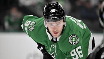 Mar 18, 2025; Dallas, Texas, USA; Dallas Stars right wing Mikko Rantanen (96) during the second period against the Anaheim Ducks at the American Airlines Center. Mandatory Credit: Jerome Miron-Imagn Images