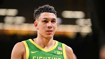 Feb 19, 2025; Iowa City, Iowa, USA; Oregon Ducks guard Jackson Shelstad (3) walks off the court after the game against the Iowa Hawkeyes at Carver-Hawkeye Arena. Mandatory Credit: Jeffrey Becker-Imagn Images