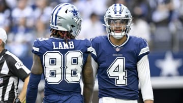 Oct 30, 2022; Arlington, Texas, USA; Dallas Cowboys quarterback Dak Prescott (4) and wide receiver CeeDee Lamb (88) during the game between the Dallas Cowboys and the Chicago Bears at AT&T Stadium. Mandatory Credit: Jerome Miron-USA TODAY Sports