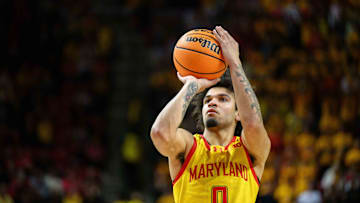 Jan 29, 2025; College Park, Maryland, USA; Maryland Terrapins forward Julian Reese (10) shoots a free throw during the second half against the Wisconsin Badgers at Xfinity Center. Mandatory Credit: Reggie Hildred-Imagn Images