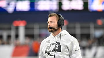 Nov 17, 2024; Foxborough, Massachusetts, USA; Los Angeles Rams head coach Sean McVay watches from the sideline during the second half against the New England Patriots at Gillette Stadium. Mandatory Credit: Eric Canha-Imagn Images