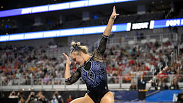 Apr 18, 2024; Fort Worth, TX, USA; University of Kentucky Wildcats gymnast Raena Worley performs on floor exercise during the 2024 NCAA Women's National Gymnastics Semifinals at Dickies Arena. Mandatory Credit: Jerome Miron-Imagn Images